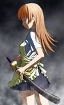  apron brown_hair closed_eyes ichikawa_masahiro long_hair smile solo sword todoroki_yachiyo very_long_hair waitress weapon working!! 