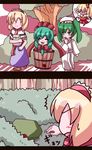  &gt;_&lt; :3 =_= akabashi_yuusuke alice_margatroid blood blood_stain bucket closed_eyes comic fangs flandre_scarlet hat headdress highres kagiyama_hina kisume multiple_girls open_mouth tears touhou translated waving wings wooden_bucket 