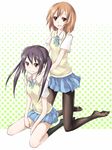  bad_id bad_pixiv_id black_hair brown_eyes brown_hair feet hair_ornament hairclip halftone halftone_background hands_on_shoulders hirasawa_yui k-on! keikotsu kneeling long_hair multiple_girls nakano_azusa open_mouth pantyhose school_uniform seiza short_hair sitting skirt twintails vest 