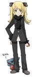  alternate_hairstyle blonde_hair child commentary gen_4_pokemon gible hair_ornament hand_on_hip holding holding_poke_ball open_mouth parody poke_ball pokemon pokemon_(creature) pokemon_(game) pokemon_dppt shirona_(pokemon) smile style_parody sugimori_ken_(style) twintails weee_(raemz) yellow_eyes younger 