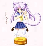  1girl animal_ears blue_eyes cat_ears cat_tail hiiragi_kagami jumping kemonomimi_mode long_hair looking_down lucky_star mai_(t-5) purple_hair ryouou_school_uniform saliva school_uniform serafuku solo tail thighhighs tree_stump twintails yellow_neckwear 