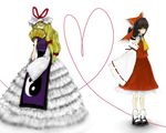  bad_id bad_pixiv_id blonde_hair brown_hair closed_eyes covering_mouth detached_sleeves dress fan folding_fan frilled_legwear hair_ribbon hakurei_reimu heart kashii long_hair long_sleeves mary_janes multiple_girls ribbon shoes socks touhou very_long_hair yakumo_yukari yin_yang 