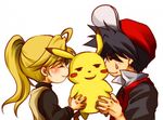  1girl black_hair blonde_hair blush blush_stickers closed_eyes gen_1_pokemon hat indirect_kiss kiss non-web_source pikachu pokemon pokemon_(creature) pokemon_special ponytail red_(pokemon) simple_background sweatdrop yellow_(pokemon) 