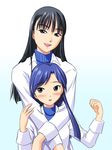  bad_id bad_pixiv_id black_eyes black_hair blue_eyes blue_hair blush height_difference hug idolmaster idolmaster_(classic) imai_asami jiyuuyuu kisaragi_chihaya multiple_girls real_life simple_background 