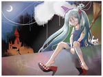  aqua_hair bandages broom castle cat crescent_moon eyepatch hatsune_miku high_heels long_hair moon night orange_eyes pinocchio-p shoe_dangle shoes sitting smile solo twintails very_long_hair vocaloid 