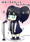  404_(artist) black_hair black_rock_shooter black_rock_shooter_(character) chibi hood hoodie microphone microphone_stand music musical_note singing solo twintails 