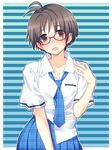  antenna_hair black_hair blush glasses highres idolmaster idolmaster_(classic) kikuchi_makoto necktie open_mouth plaid plaid_neckwear plaid_skirt red-framed_eyewear rough_time_school school_uniform short_hair skirt solo striped striped_background sweat yuuki_keisuke 