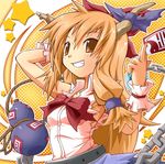  armpits bow bug butterfly chain elroadmaster gourd hair_bow hand_behind_head horns ibuki_suika insect orange_hair rope shirt sleeveless solo star talisman torn_clothes torn_shirt touhou wrist_cuffs yellow_eyes 