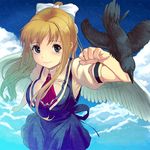  air animal_on_arm bad_id bad_pixiv_id bird bird_on_arm blonde_hair blue_eyes crow foreshortening hands kamio_misuzu long_hair perspective ponytail school_uniform sora_(air) tam-u wings 