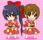  alternate_hairstyle black_hair brown_eyes brown_hair chibi dress hair_bun hands_on_hips highres hirasawa_yui japanese_clothes k-on! kimono long_hair multiple_girls nakano_azusa plaid plaid_background ponytail red_eyes short_hair short_kimono short_yukata tasuki yuchi_(pixiv) yuiazu_(unit) yukata 