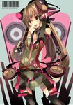  absurdres barcode bare_shoulders breasts brown_eyes brown_hair cleavage digital_media_player dress headphones highres ipod long_hair miyu_rekuto original small_breasts smile solo speaker 