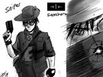  beam_gun black_hair blame! collar cosplay fingerless_gloves gloves greyscale gun handgun hat killy male_focus monochrome multiple_boys parody sunglasses team_fortress_2 the_sniper vest weapon 