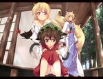  animal_ears aruu_(memories) bad_id bad_pixiv_id blonde_hair brown_eyes brown_hair cat_ears cat_tail chen earrings fox_ears fox_tail gap jewelry long_hair multiple_girls multiple_tails panties purple_eyes short_hair tail touhou underwear yakumo_ran yakumo_yukari yellow_eyes 