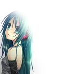  alternate_hairstyle aqua_eyes aqua_hair back bare_shoulders detached_sleeves hatsune_miku headphones long_hair mizuki_riyu profile solo tears vocaloid 