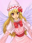  blonde_hair bow capelet fairy hat lily_white long_hair red_eyes sash solo touhou u-cha-py wings 