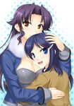 bad_id bad_pixiv_id blue_eyes blue_hair breasts brown_eyes casual cleavage fur_collar hair_ornament hairclip hand_on_another's_head hug idolmaster idolmaster_dearly_stars jacket large_breasts long_hair looking_at_viewer mizutani_eri multiple_girls open_clothes open_jacket open_mouth ozaki_reiko purple_hair smile totokichi 