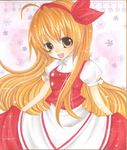  :d ahoge ellen hairband long_hair marker_(medium) mizame open_mouth orange_eyes orange_hair phantasmagoria_of_dim.dream shikishi smile solo touhou touhou_(pc-98) traditional_media 