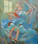  absurdres alice_margatroid ama-tou blonde_hair blue_eyes capelet doll hairband highres hourai_doll no_socks oil_painting_(medium) outstretched_arms ribbon short_hair solo spread_arms touhou traditional_media wrist_ribbon 