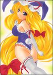  animal_ears blonde_hair blue_eyes bunny_ears bunnysuit elbow_gloves gloves hat long_hair looking_back solo thighhighs touhou traditional_media yadokari_genpachirou yakumo_yukari 