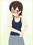  blush brown_eyes brown_hair face glasses ikari_manatsu k-on! manabe_nodoka one-piece_swimsuit red-framed_eyewear school_swimsuit school_uniform semi-rimless_eyewear short_hair solo sweatdrop swimsuit swimsuit_under_clothes under-rim_eyewear undressing 