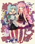  aqua_eyes aqua_hair bad_id bad_pixiv_id blush bow dress elbow_gloves fingerless_gloves flower gloves hair_flower hair_ornament hairband hatsune_miku high_heels jewelry key long_hair megurine_luka mukimuki_mayuge multiple_girls necklace pink_hair shoes single_elbow_glove single_glove smile twintails very_long_hair vocaloid 