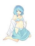  absurdres barefoot blue_eyes blue_hair bra hayagiri heterochromia highres lingerie panties red_eyes short_hair solo striped striped_bra striped_panties tatara_kogasa touhou underwear 