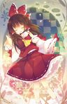  ana_(rznuscrf) bangs beckoning bow brown_hair closed_eyes detached_sleeves foreshortening hair_bow hakurei_reimu long_hair no_nose open_mouth outstretched_arm outstretched_hand petticoat sleeves_past_wrists smile solo touhou 