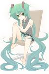  aqua_hair barefoot feet green_eyes hatsune_miku long_hair necktie panties sitting skirt solo striped striped_panties symbol-shaped_pupils twintails underwear very_long_hair vocaloid yume_(wig) 