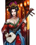  bachi bad_id bad_pixiv_id black_hair breasts cleavage eyeliner geisha hair_ornament instrument japanese_clothes kanzashi kimono large_breasts lieqi_hun lipstick makeup mole mole_under_mouth multicolored multicolored_eyes oiran original plectrum shamisen short_hair solo 