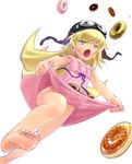  akutagawa_manbou bakemonogatari barefoot blonde_hair doughnut dress fang feet food goggles goggles_on_head helmet legs long_hair monogatari_(series) no_panties oshino_shinobu soles solo strap_slip toes yellow_eyes 