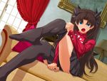  black_legwear blue_eyes brown_hair couch fate/stay_night fate_(series) feet foreshortening lamp legs long_hair long_legs no_shoes open_mouth outstretched_leg pleated_skirt pov_feet sitting skirt skirt_tug sock_pull solo thighhighs thighhighs_pull toosaka_rin tsukumo two_side_up window zettai_ryouiki 