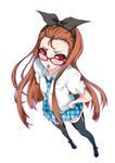  antenna_hair bow brown_hair foreshortening glasses hair_bow hair_ribbon hairband hand_on_hip idolmaster idolmaster_(classic) legs long_hair looking_up minase_iori necktie open_mouth plaid plaid_neckwear plaid_skirt red-framed_eyewear red_eyes ribbon rough_time_school sawa_(sawa-house) school_uniform simple_background skirt solo standing thighhighs zettai_ryouiki 