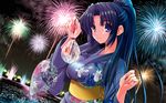  aerial_fireworks asakura_ryouko bag bagged_fish blue_eyes blue_hair blue_kimono fireworks fish floral_print flower goldfish iris_(flower) japanese_clothes kimono long_hair noritama_(gozen) ponytail solo suzumiya_haruhi_no_yuuutsu yukata 