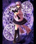  bad_id bad_pixiv_id black_legwear boots braid clock cross-laced_footwear izayoi_sakuya kneehighs knife lace-up_boots maid maid_headdress mika_(1020mk) one_eye_closed pillarboxed pocket_watch red_eyes short_hair silver_hair socks solo touhou twin_braids watch zodiac 