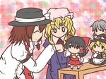  black_hair blonde_hair blush_stickers bow brown_hair chibi closed_eyes fushigi_ebi hair_bow hakurei_reimu hat holding_hands izayoi_sakuya kirisame_marisa leaning_forward maribel_hearn minigirl multiple_girls profile raised_eyebrow short_hair smile standing table touhou touhou_ningyougeki usami_renko v_arms 