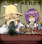  @_@ bad_id bad_pixiv_id bee_(deadflow) blonde_hair blue_eyes eyes hairband hat heart highres komeiji_satori moriya_suwako multiple_girls purple_eyes purple_hair short_hair surreal touhou vomit 