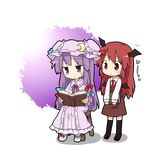  :&lt; bat_wings blush book chair chibi cloak full_body hat head_wings kneehighs koakuma long_hair multiple_girls no_nose patchouli_knowledge purple_hair reading red_hair sitting socks touhou transparent_background wings yamabuki_(yusuraume) 