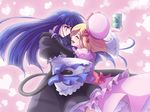  bow drink frederica_bernkastel hat hug lambdadelta long_hair miko_embrace multiple_girls orange541 parody pink_hat short_hair umineko_no_naku_koro_ni yuri 