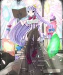  bad_id bad_pixiv_id black_legwear book crescent crystal gloves hat light_rays long_hair looking_at_viewer minatsuki_randoseru patchouli_knowledge purple_eyes purple_hair robe sitting solo stained_glass striped sunbeam sunlight thighhighs touhou 