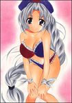  bikini braid breasts cleavage hat large_breasts long_braid long_hair marker_(medium) nurse_cap pastel_(medium) silver_hair solo swimsuit touhou traditional_media very_long_hair yadokari_genpachirou yagokoro_eirin 