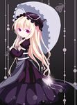  absurdres alternate_color blonde_hair bug butterfly colored_eyelashes curtain_(posuinochuanglian) dress eyelashes glowing hat hat_ribbon highres insect long_hair purple_dress purple_eyes ribbon smile solo standing touhou umbrella yakumo_yukari 