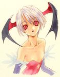  90s bare_shoulders collarbone flat_chest head_wings leotard lilith_aensland nanase_aoi open_mouth red_eyes red_leotard short_hair skinny solo vampire_(game) 