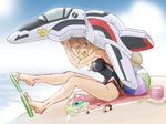  :p air_pump aircraft airplane ball beachball blonde_hair blue_eyes competition_swimsuit digital_media_player inflatable_raft kanadarai lifting macross macross_frontier mecha one-piece_swimsuit sheryl_nome sweat swimsuit tongue tongue_out vf-25 