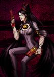  bayonetta bayonetta_(character) black_hair blue_eyes bodysuit breasts cleavage cleavage_cutout dual_wielding earrings elbow_gloves glasses gloves green_eyes gun handgun holding jewelry k-rei lips lipstick long_hair makeup medium_breasts mole solo very_long_hair weapon 