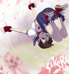  1girl blue_sailor_collar brown_eyes brown_hair cojibou fingerless_gloves gloves headband hibiki_dan jumping kasugano_sakura open_mouth sailor_collar school_uniform serafuku shoes short_hair skirt sneakers street_fighter upside-down 