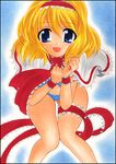  alice_margatroid bent_over bikini blonde_hair blue_eyes marker_(medium) pastel_(medium) ribbon short_hair solo swimsuit touhou traditional_media yadokari_genpachirou 