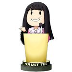  bangs black_hair blunt_bangs bobblehead bow bowtie fallout fallout_3 houraisan_kaguya long_hair microphone musashino_udon pink_bow pink_neckwear simple_background smile solid_circle_eyes solo touhou upper_body vault_boy very_long_hair white_background 
