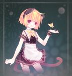  :d animal_ears bangs blonde_hair bow bowtie bug butterfly cat_ears cat_tail cropped_legs curtain_(posuinochuanglian) garter_straps insect maid multiple_tails no_nose open_mouth original red_eyes short_hair smile solo tail thighhighs wrist_cuffs 
