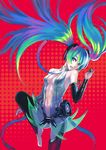  absurdres bare_shoulders barefoot center_opening circle detached_sleeves fingerless_gloves gloves hatsune_miku hatsune_miku_(append) highres long_hair multicolored multicolored_eyes multicolored_hair navel simple_background smile solo utu_(ldnsft) vocaloid vocaloid_append 