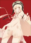  :q bakemonogatari blonde_hair blood brown_eyes dress fingernails goggles goggles_on_head hat long_hair mizuki_makoto monogatari_(series) oshino_shinobu solo strap_slip tongue tongue_out 